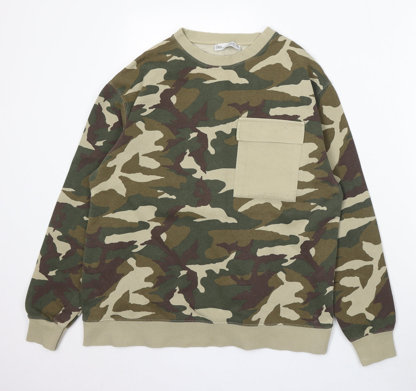 Zara Boys Green Camouflage Cotton Pullover Sweatshirt Size 13-14 Years