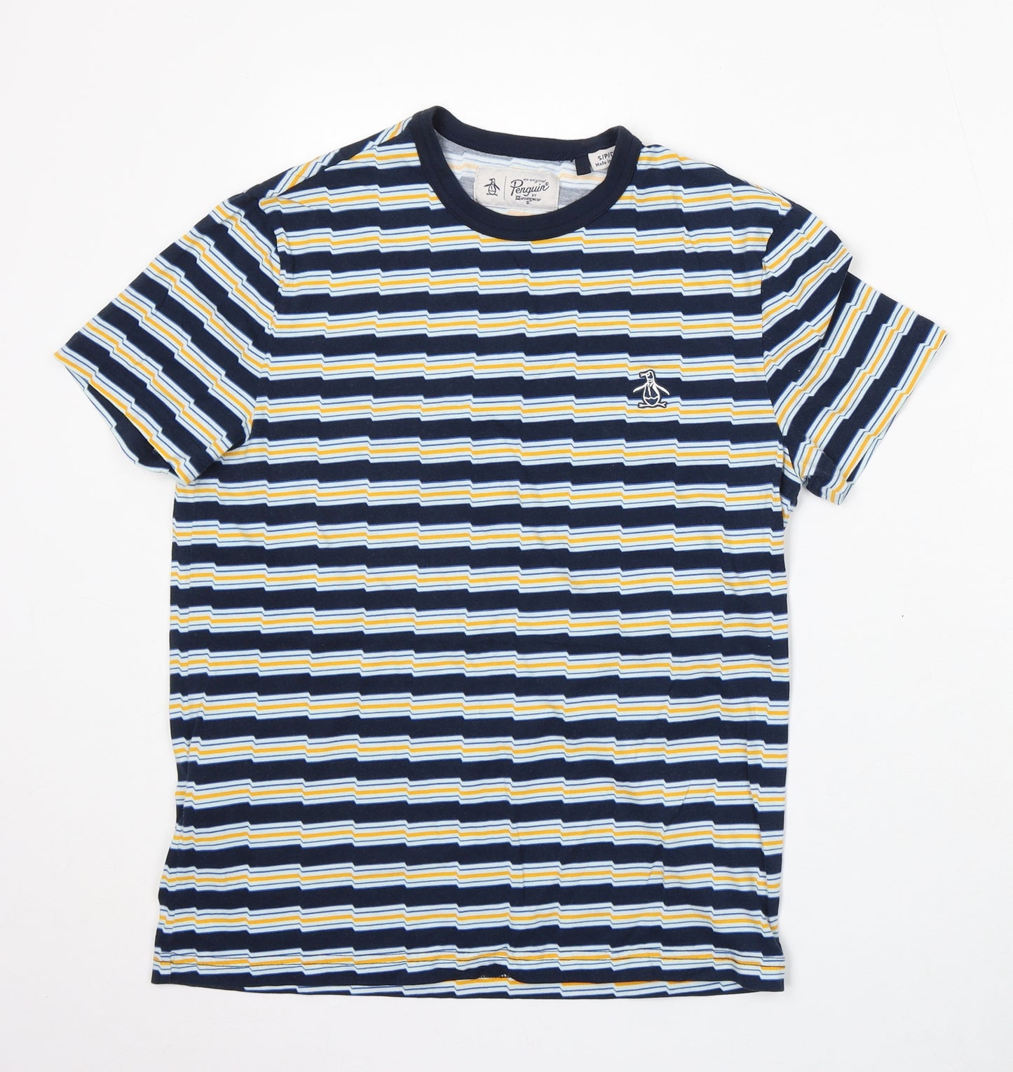 Penguin Mens Blue Striped Cotton T-Shirt Size S Round Neck