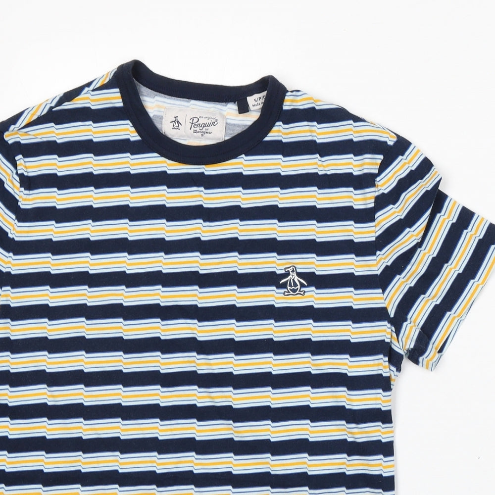 Penguin Mens Blue Striped Cotton T-Shirt Size S Round Neck