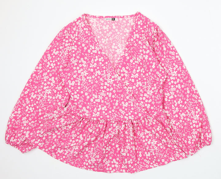 Pep&Co Womens Pink Floral Viscose Basic Blouse Size 12 V-Neck