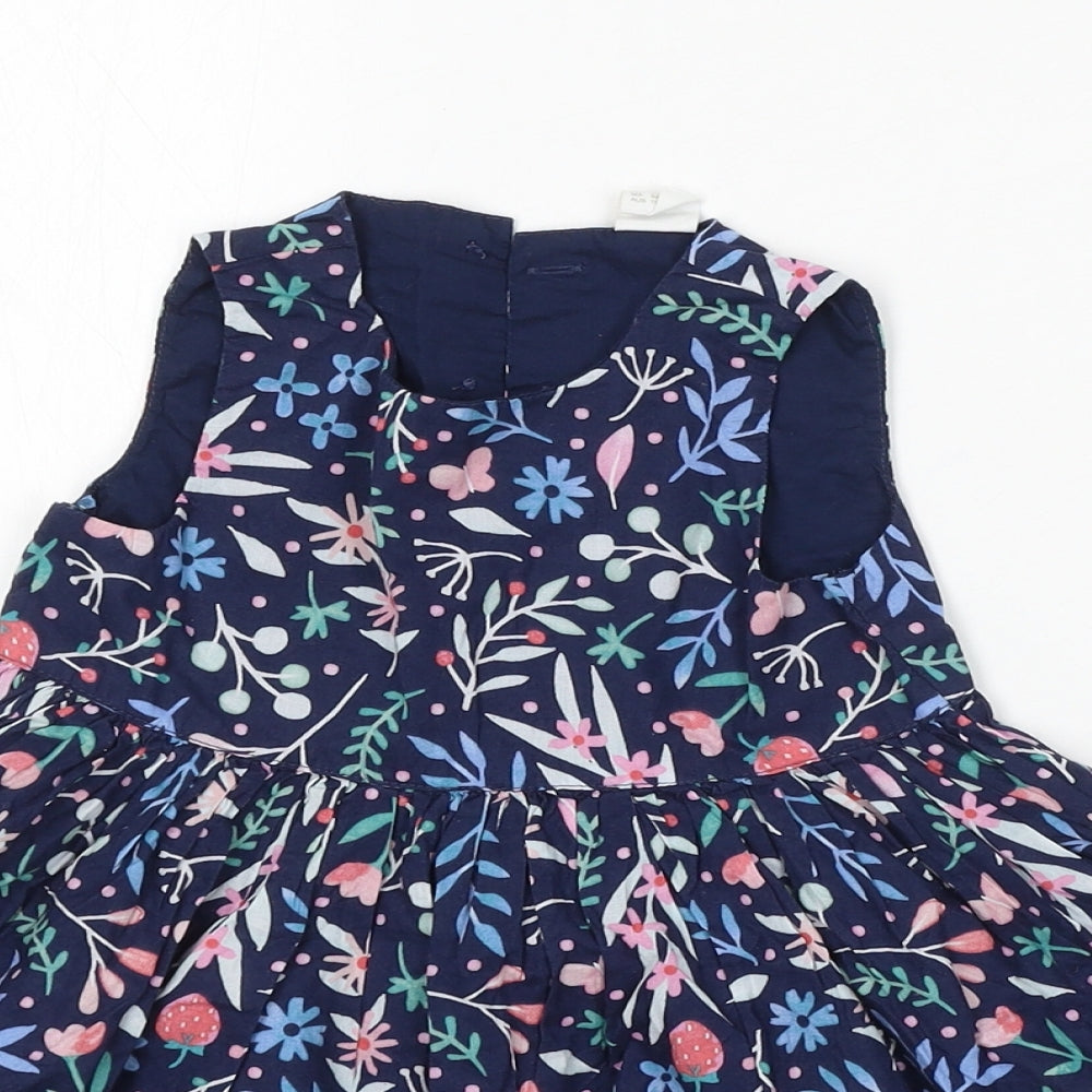 H&M Girls Blue Floral Cotton Skater Dress Size 18-24 Months Round Neck Button