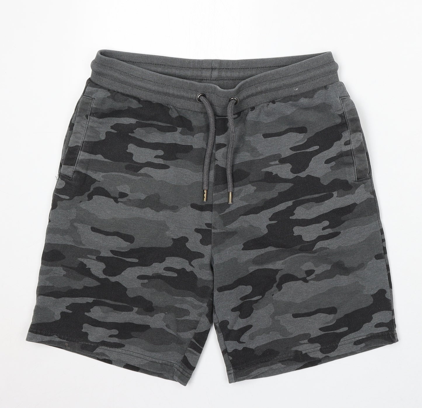 TU Mens Grey Camouflage Cotton Sweat Shorts Size S L7 in Regular Drawstring