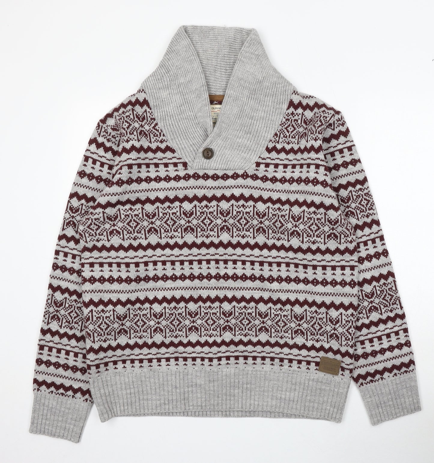Dunnes Stores Mens Grey Collared Fair Isle Acrylic Pullover Jumper Size L