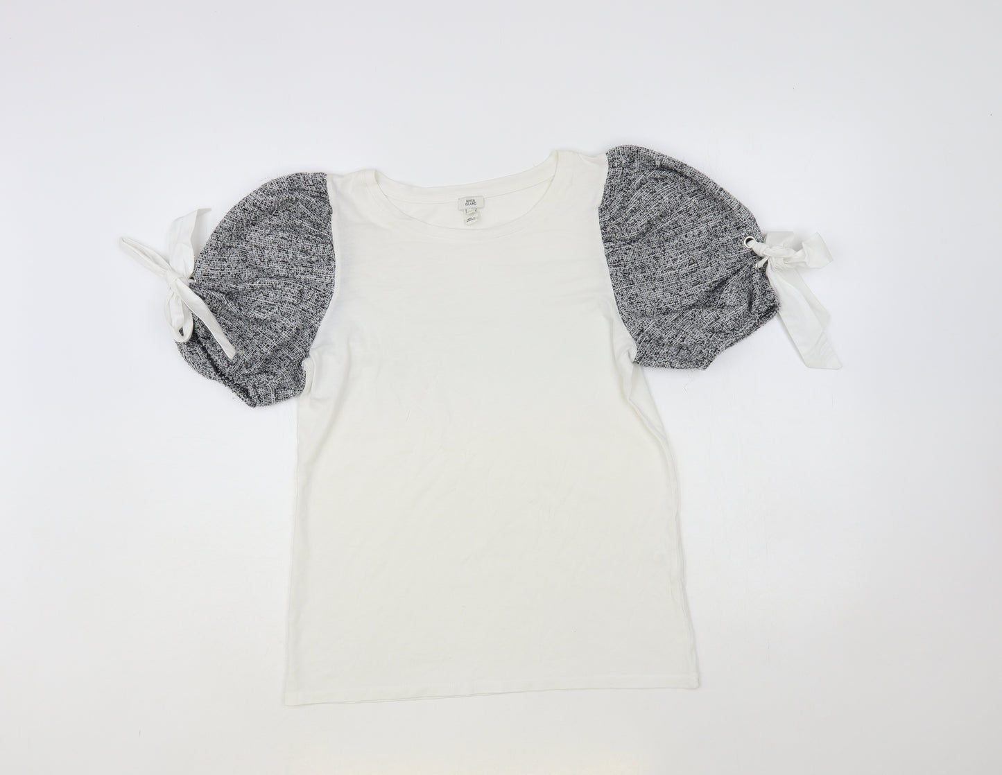 River Island Womens White Colourblock Cotton Basic T-Shirt Size 10 Crew Neck - Puff Sleeves