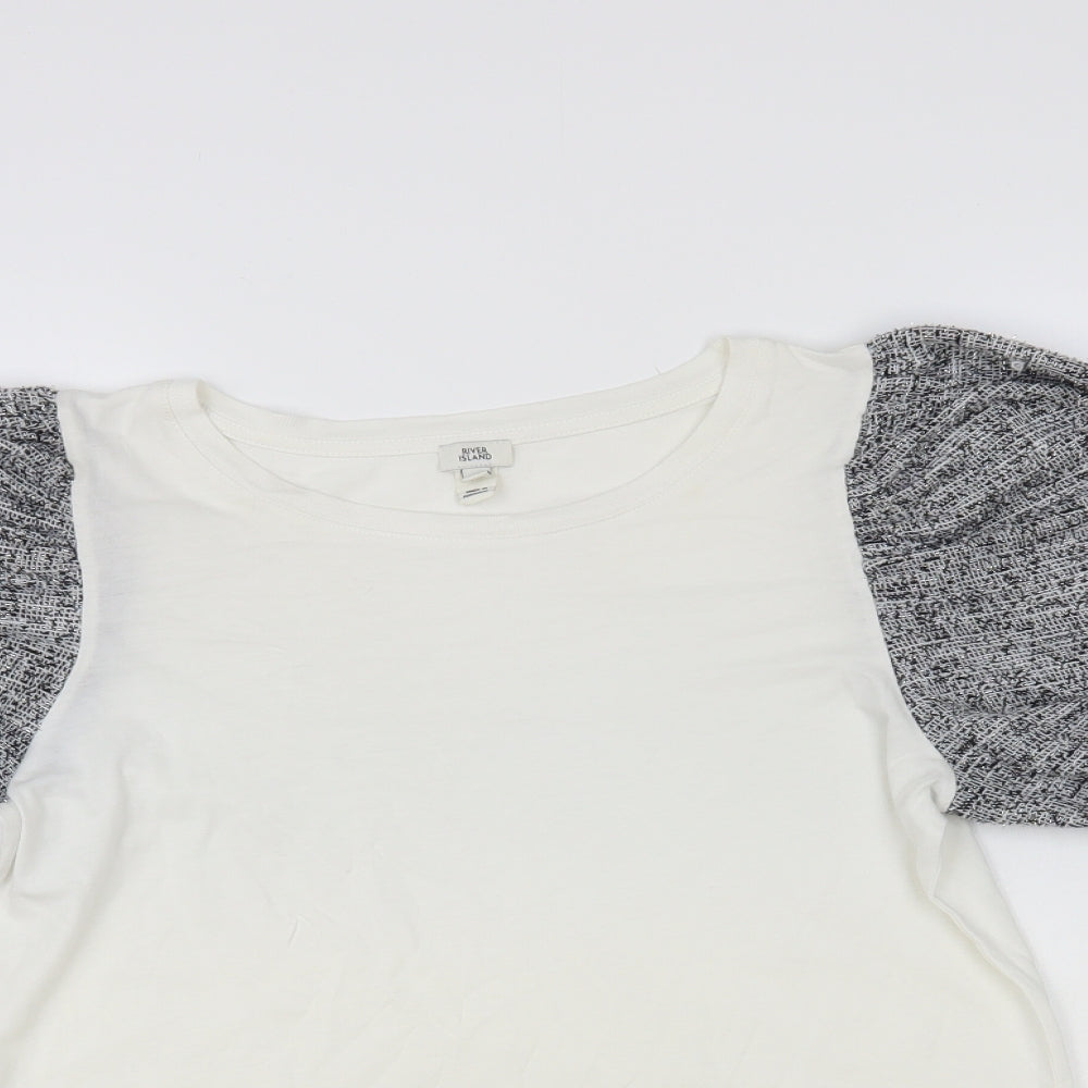 River Island Womens White Colourblock Cotton Basic T-Shirt Size 10 Crew Neck - Puff Sleeves