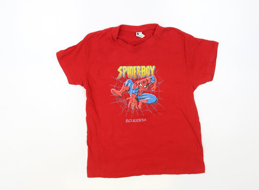 Front view of Roly boys’ red cotton pullover t-shirt, size 9-10, years crew neck pullover - spider-boy