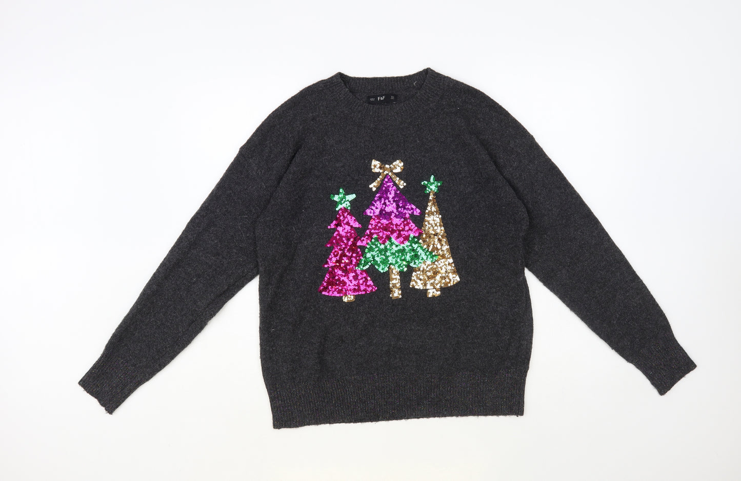 F&F Womens Grey Crew Neck Polyester Pullover Jumper Size S - Christmas Trees