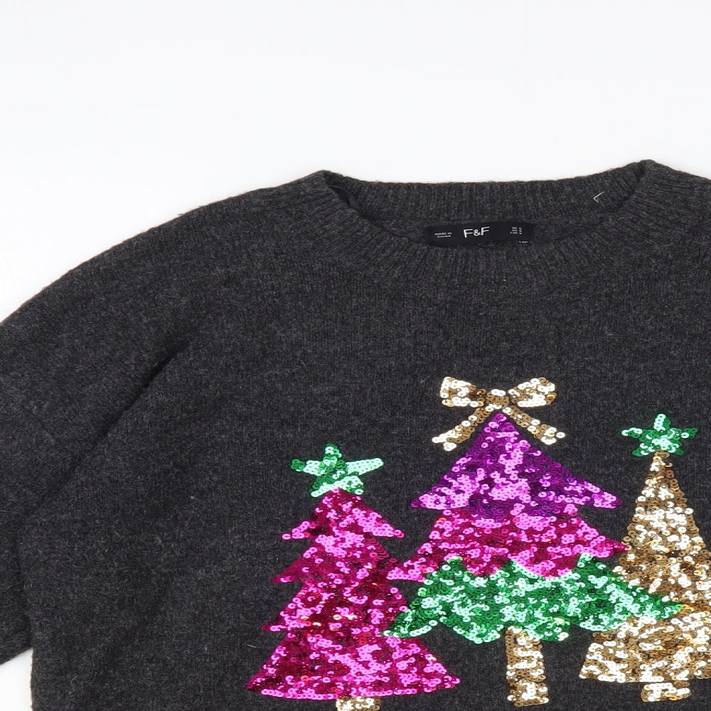 F&F Womens Grey Crew Neck Polyester Pullover Jumper Size S - Christmas Trees
