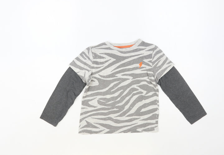 F&F Boys Grey Animal Print Cotton Pullover T-Shirt Size 5-6 Years Crew Neck Pullover - Zebra Print