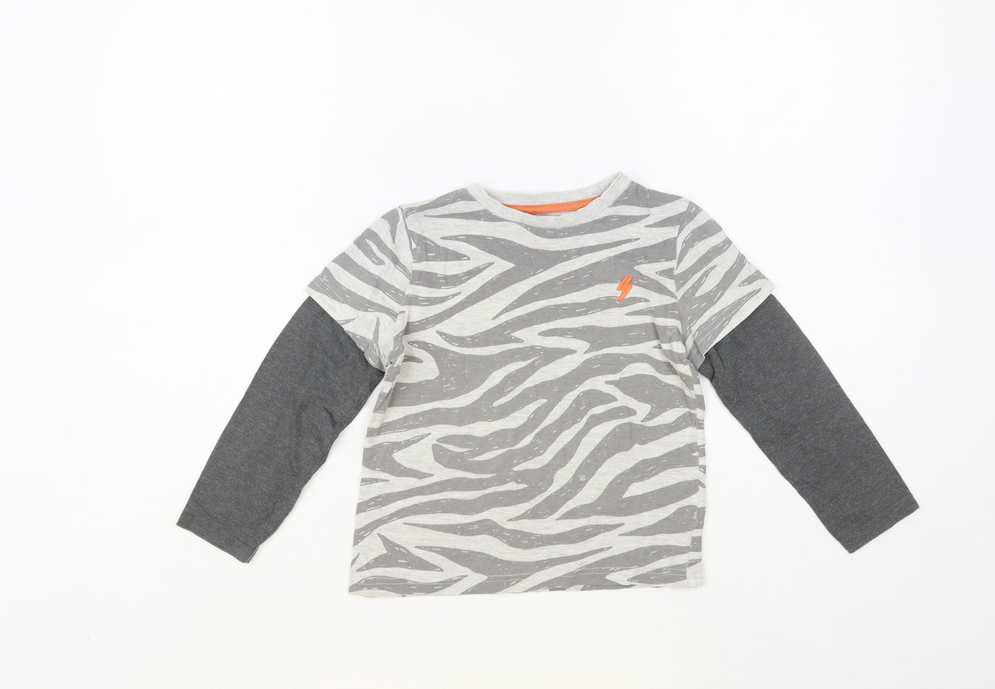 F&F Boys Grey Animal Print Cotton Pullover T-Shirt Size 5-6 Years Crew Neck Pullover - Zebra Print