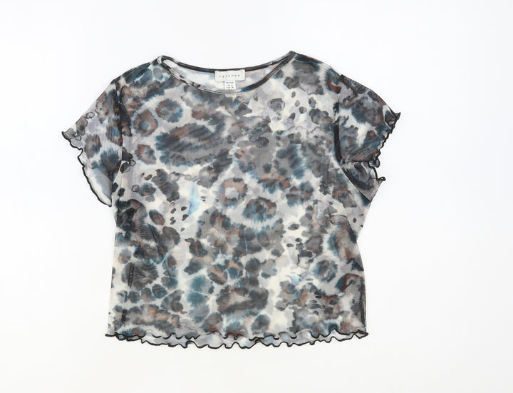 Topshop Womens Grey Animal Print Nylon Basic T-Shirt Size 10 Crew Neck