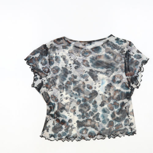 Topshop Womens Grey Animal Print Nylon Basic T-Shirt Size 10 Crew Neck