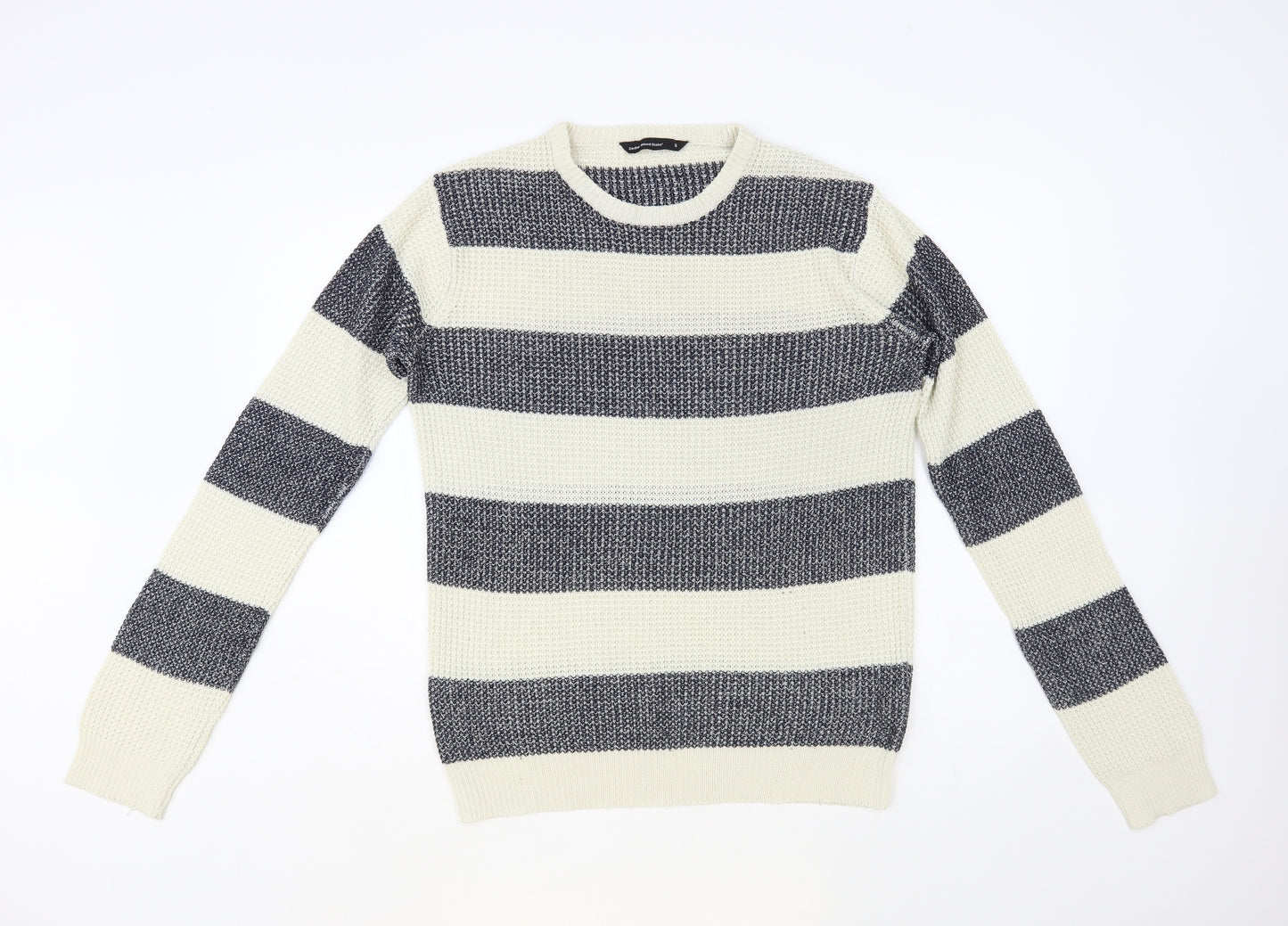 Cedar Wood State Mens Ivory Crew Neck Striped Acrylic Pullover Jumper Size S