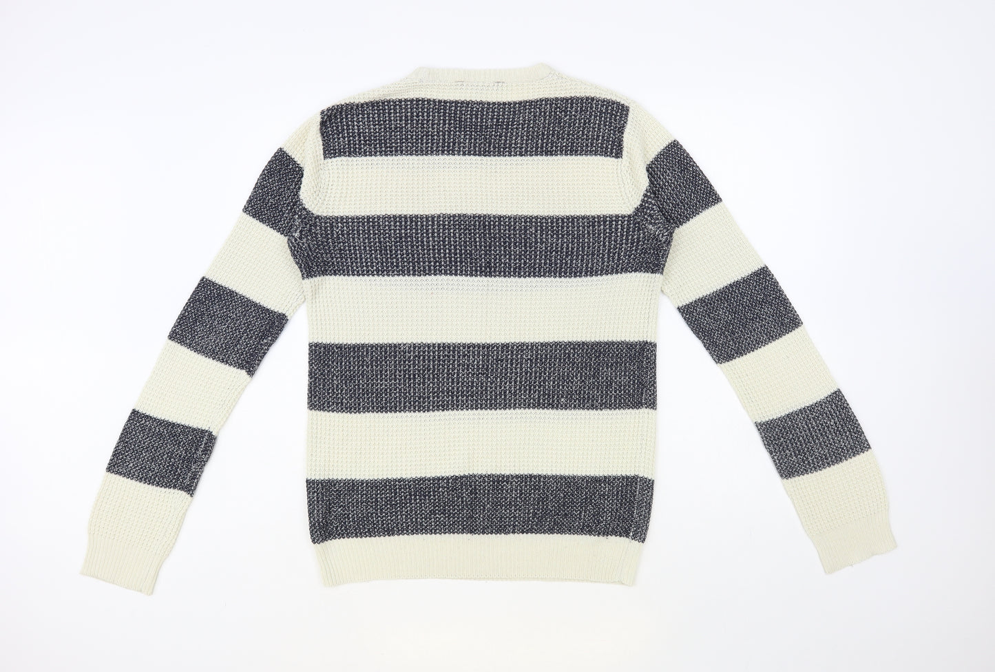 Cedar Wood State Mens Ivory Crew Neck Striped Acrylic Pullover Jumper Size S