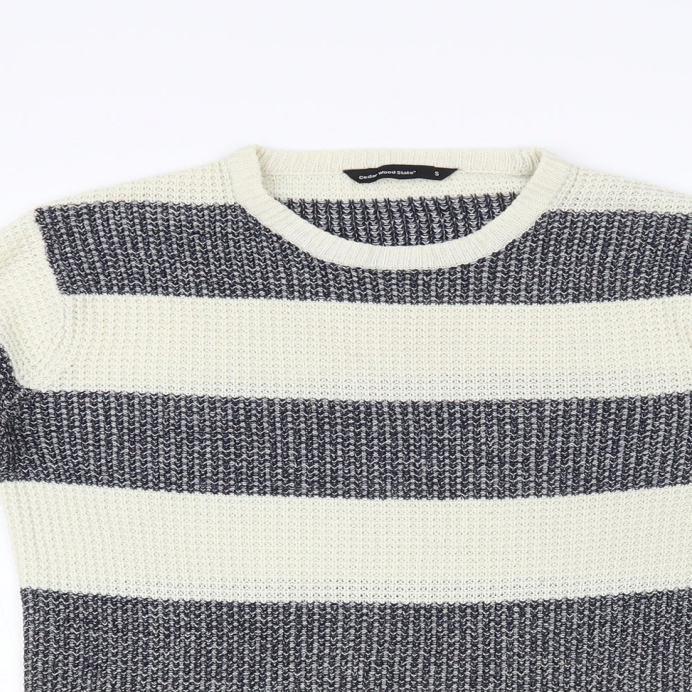 Cedar Wood State Mens Ivory Crew Neck Striped Acrylic Pullover Jumper Size S