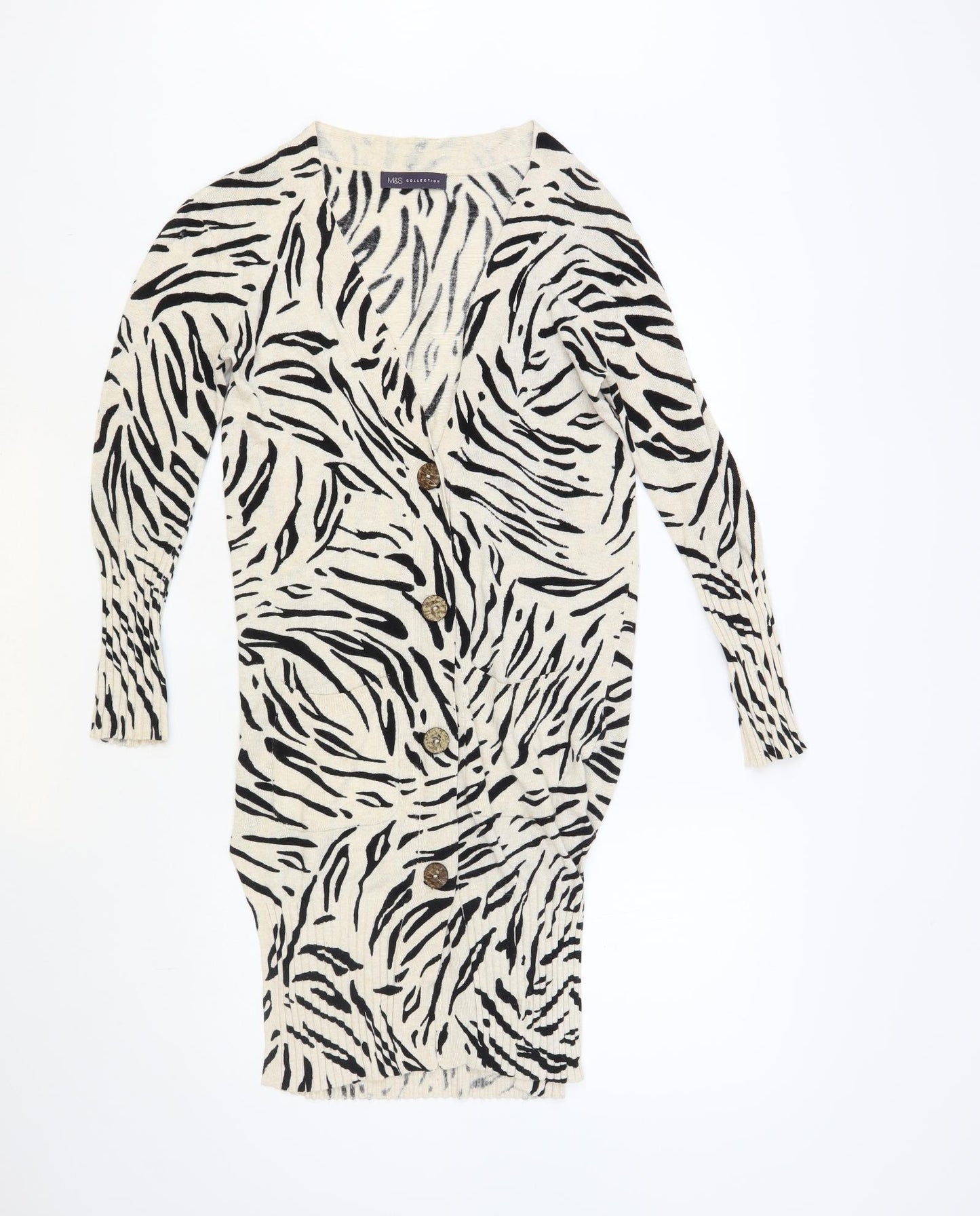 Marks and Spencer Womens Beige V-Neck Animal Print Viscose Cardigan Jumper Size S - Zebra Print