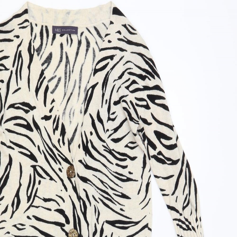 Marks and Spencer Womens Beige V-Neck Animal Print Viscose Cardigan Jumper Size S - Zebra Print