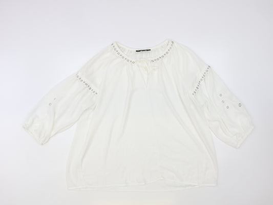 Front view of Envy women’s white polyester basic blouse, size XL, v-neck - embellished neckline