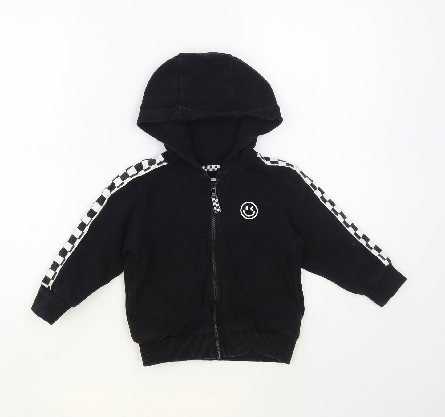 NEXT Boys Black Check Cotton Full Zip Hoodie Size 2-3 Years Zip - Smiley Face