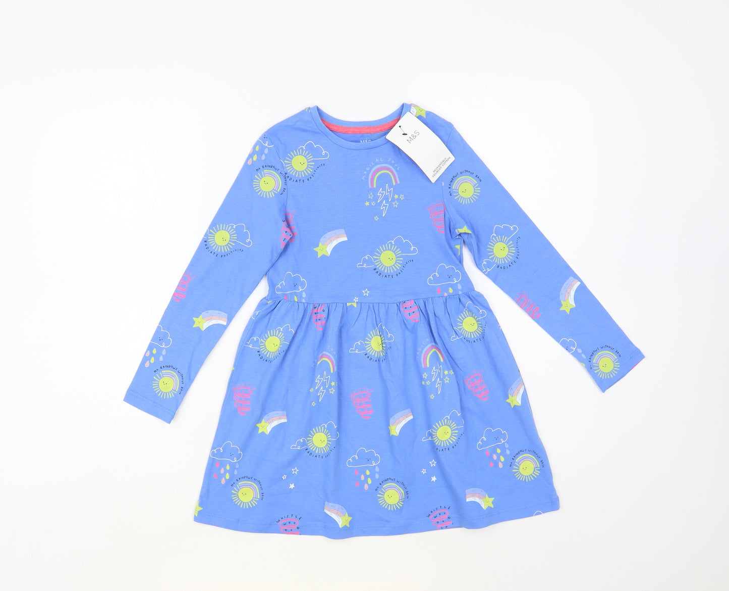Marks and Spencer Girls Blue Geometric Cotton Skater Dress Size 5-6 Years Crew Neck Pullover - Sun & Rainbow Print