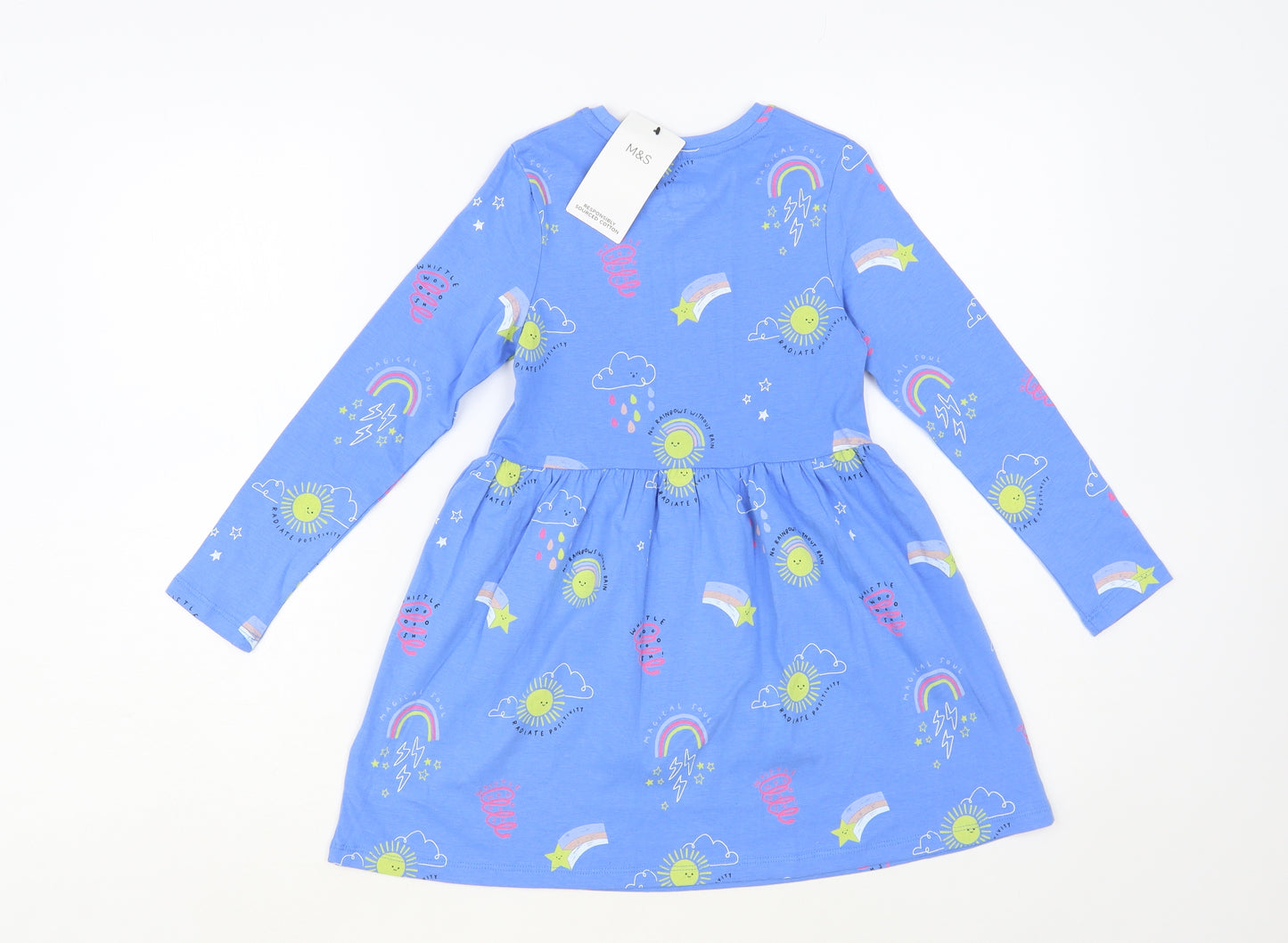 Marks and Spencer Girls Blue Geometric Cotton Skater Dress Size 5-6 Years Crew Neck Pullover - Sun & Rainbow Print