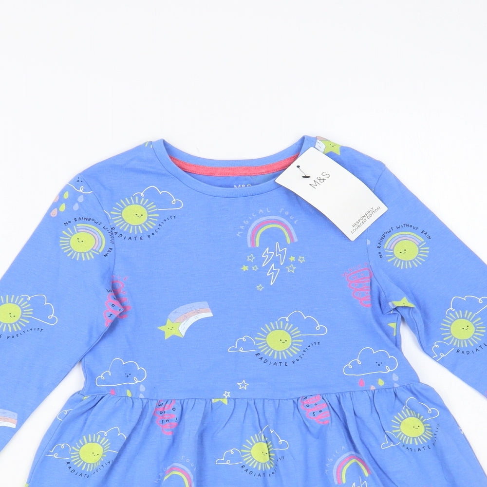 Marks and Spencer Girls Blue Geometric Cotton Skater Dress Size 5-6 Years Crew Neck Pullover - Sun & Rainbow Print