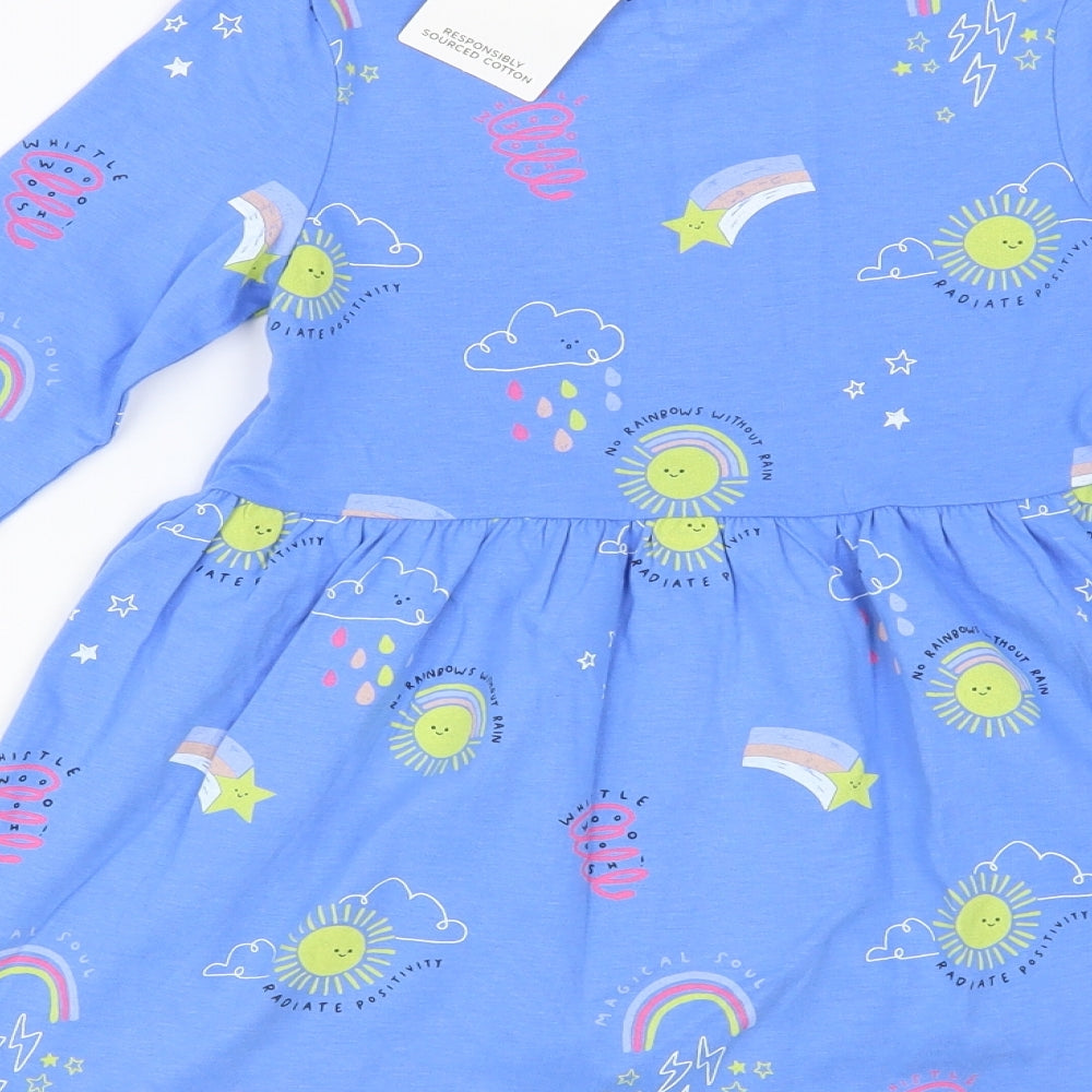 Marks and Spencer Girls Blue Geometric Cotton Skater Dress Size 5-6 Years Crew Neck Pullover - Sun & Rainbow Print