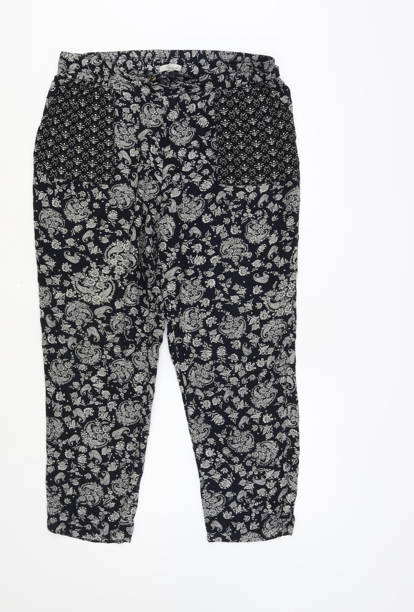 Peacocks Womens Black Paisley Viscose Trousers Size 14 L26 in Regular Drawstring