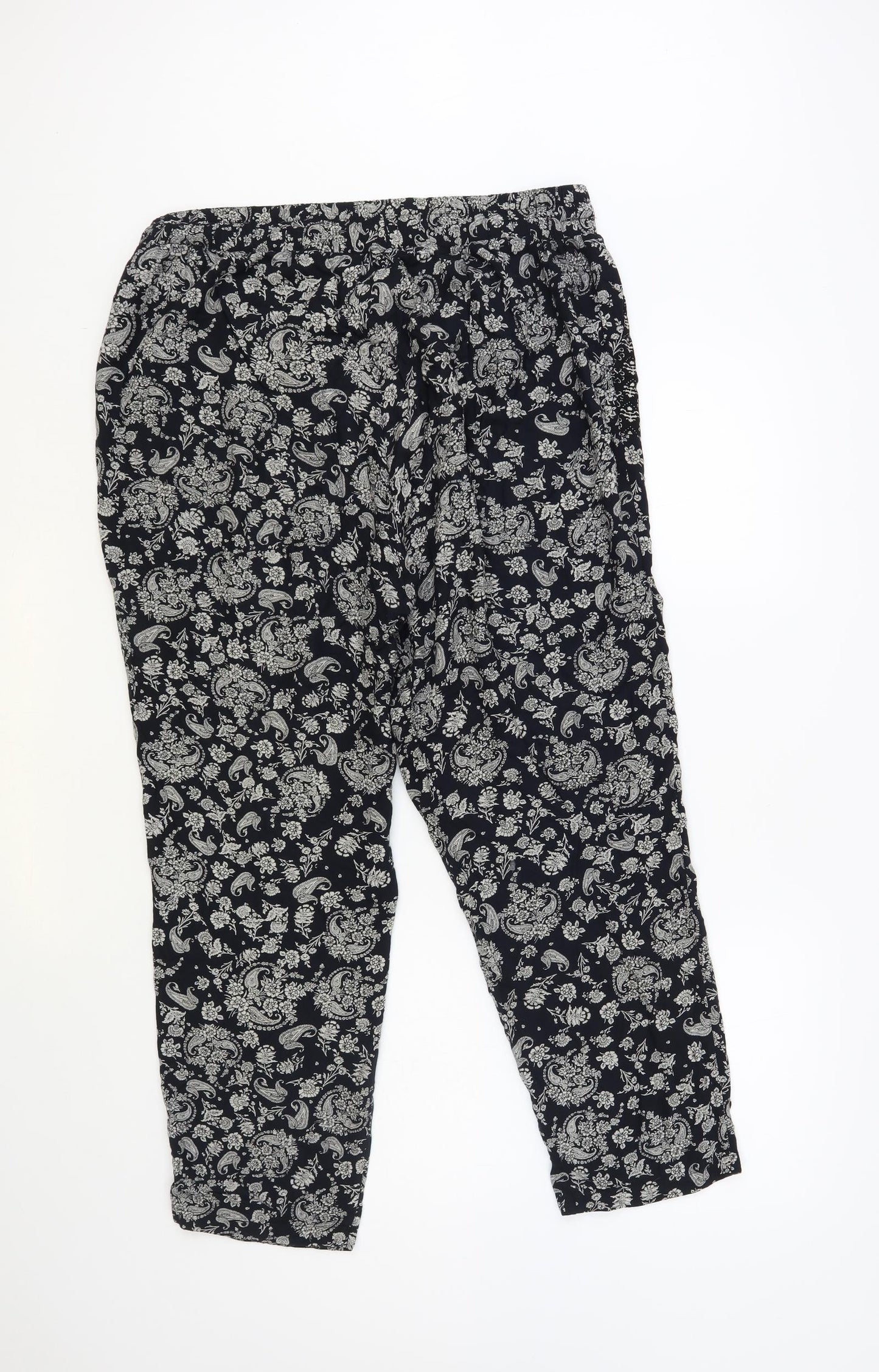 Peacocks Womens Black Paisley Viscose Trousers Size 14 L26 in Regular Drawstring