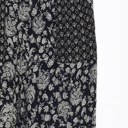 Peacocks Womens Black Paisley Viscose Trousers Size 14 L26 in Regular Drawstring