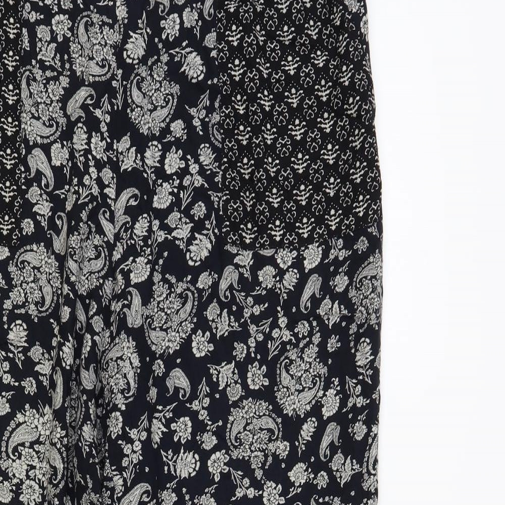 Peacocks Womens Black Paisley Viscose Trousers Size 14 L26 in Regular Drawstring