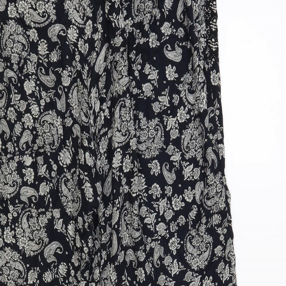 Peacocks Womens Black Paisley Viscose Trousers Size 14 L26 in Regular Drawstring