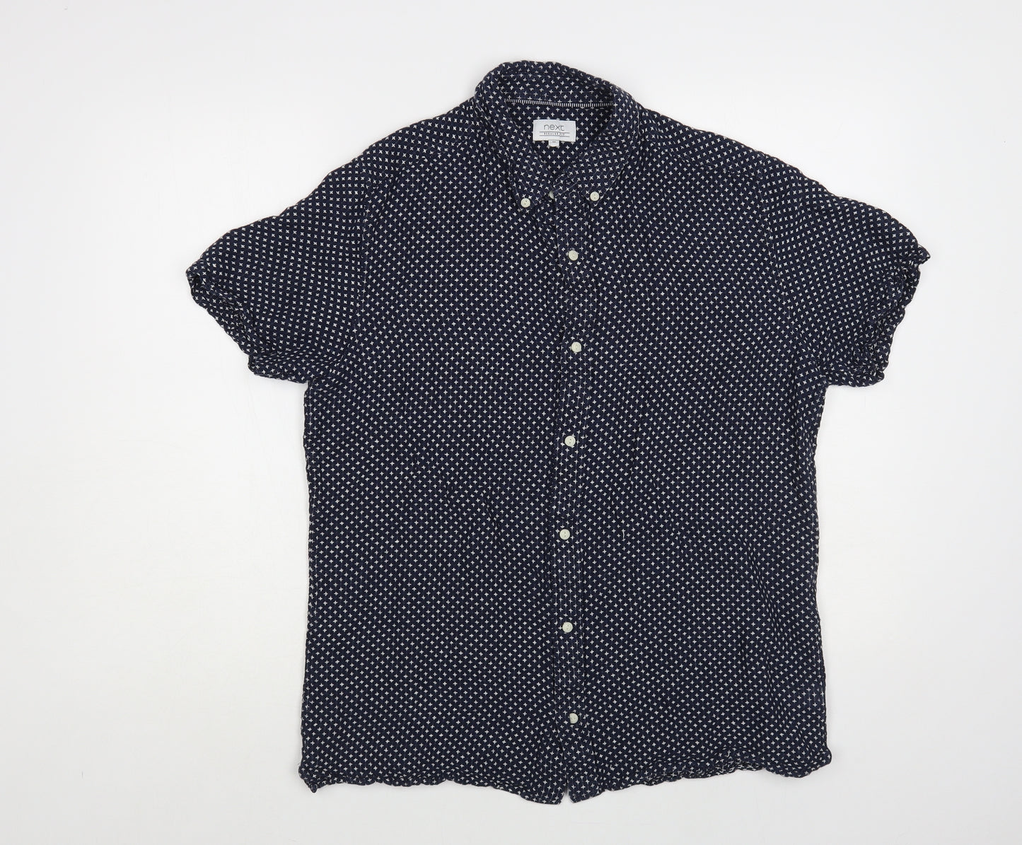 NEXT Mens Blue Geometric Linen Button-Up Size M Collared Button