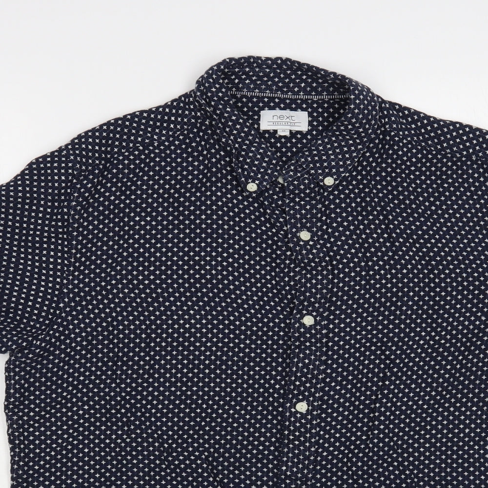 NEXT Mens Blue Geometric Linen Button-Up Size M Collared Button