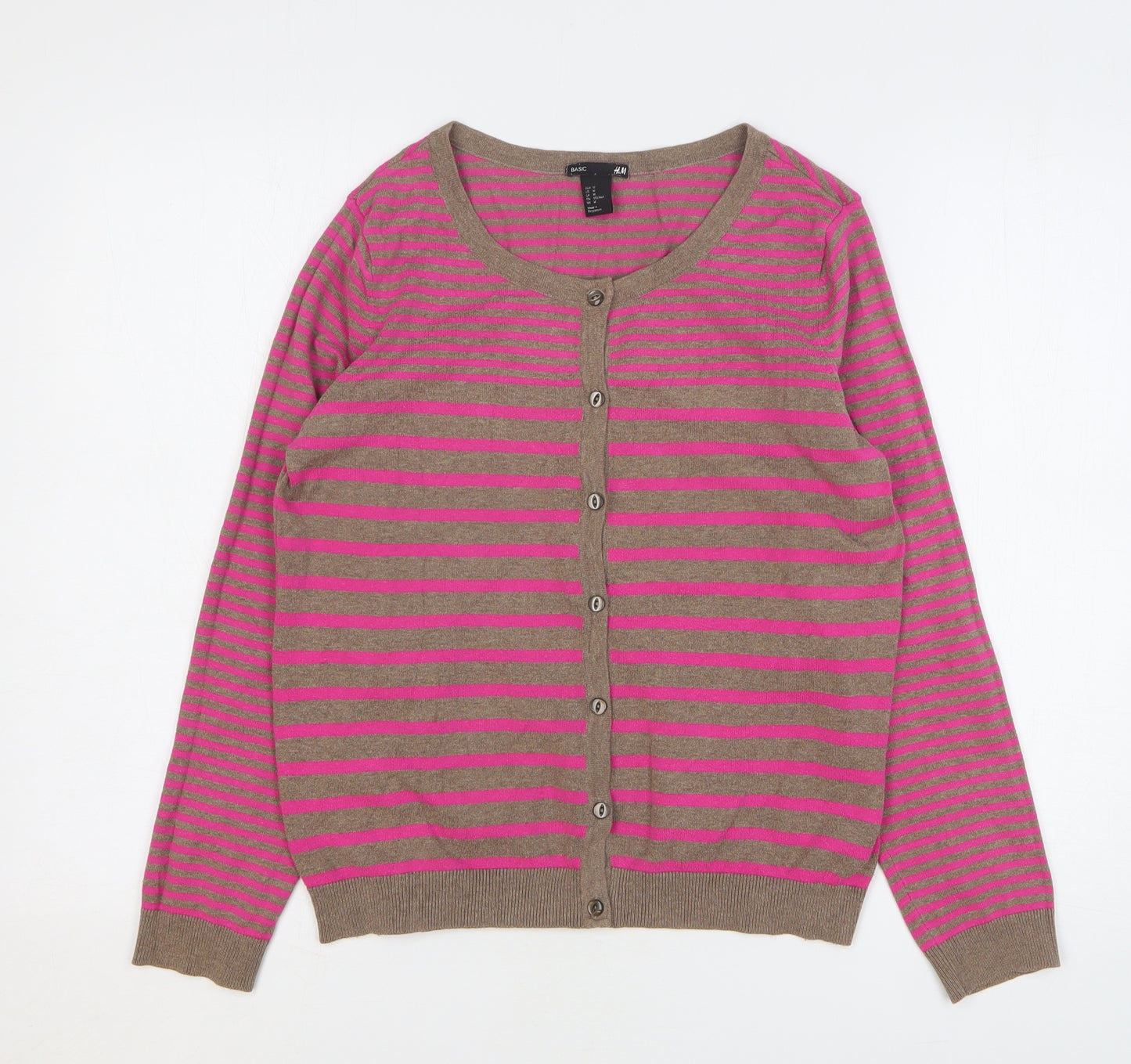 H&M Womens Pink Round Neck Striped Cotton Cardigan Jumper Size M