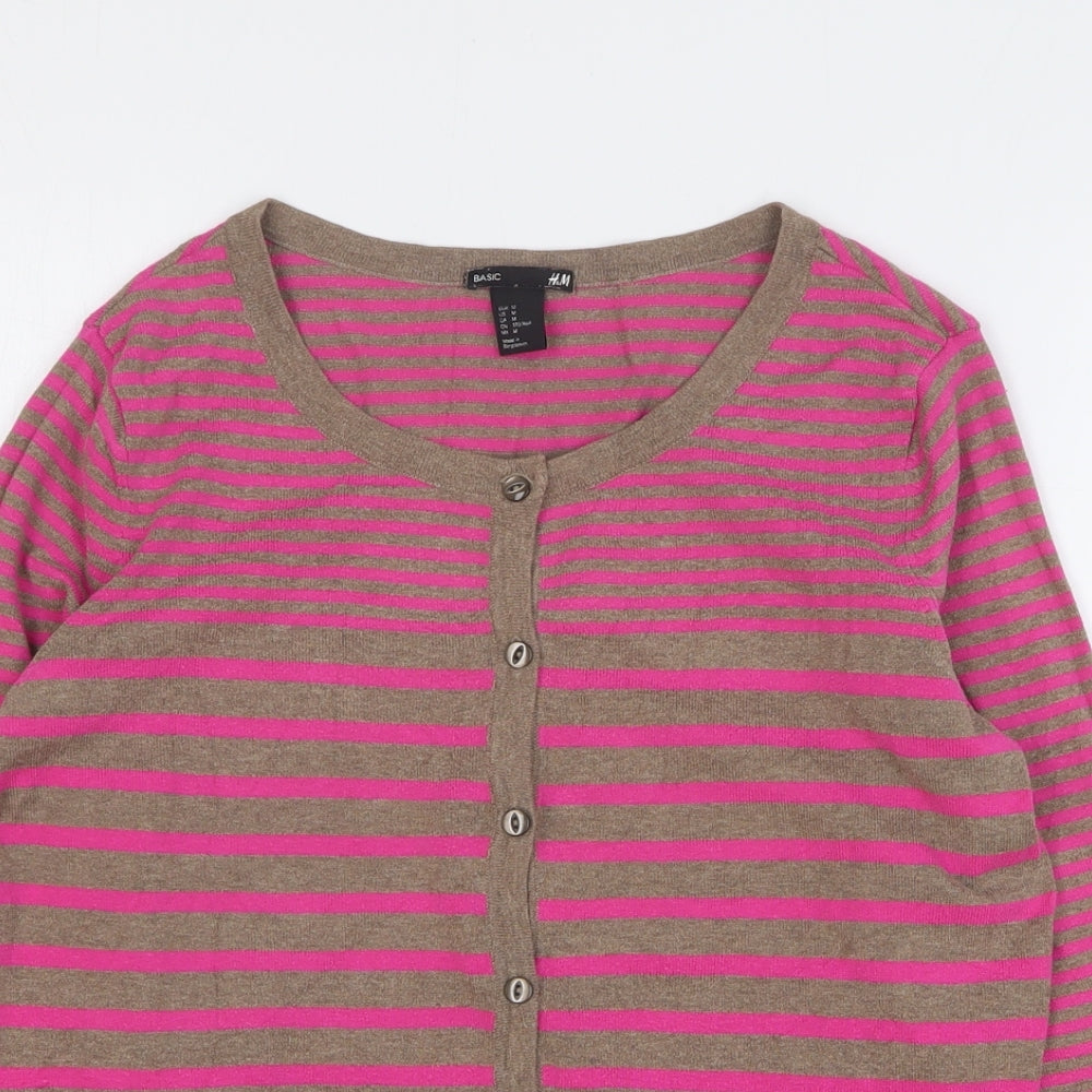 H&M Womens Pink Round Neck Striped Cotton Cardigan Jumper Size M