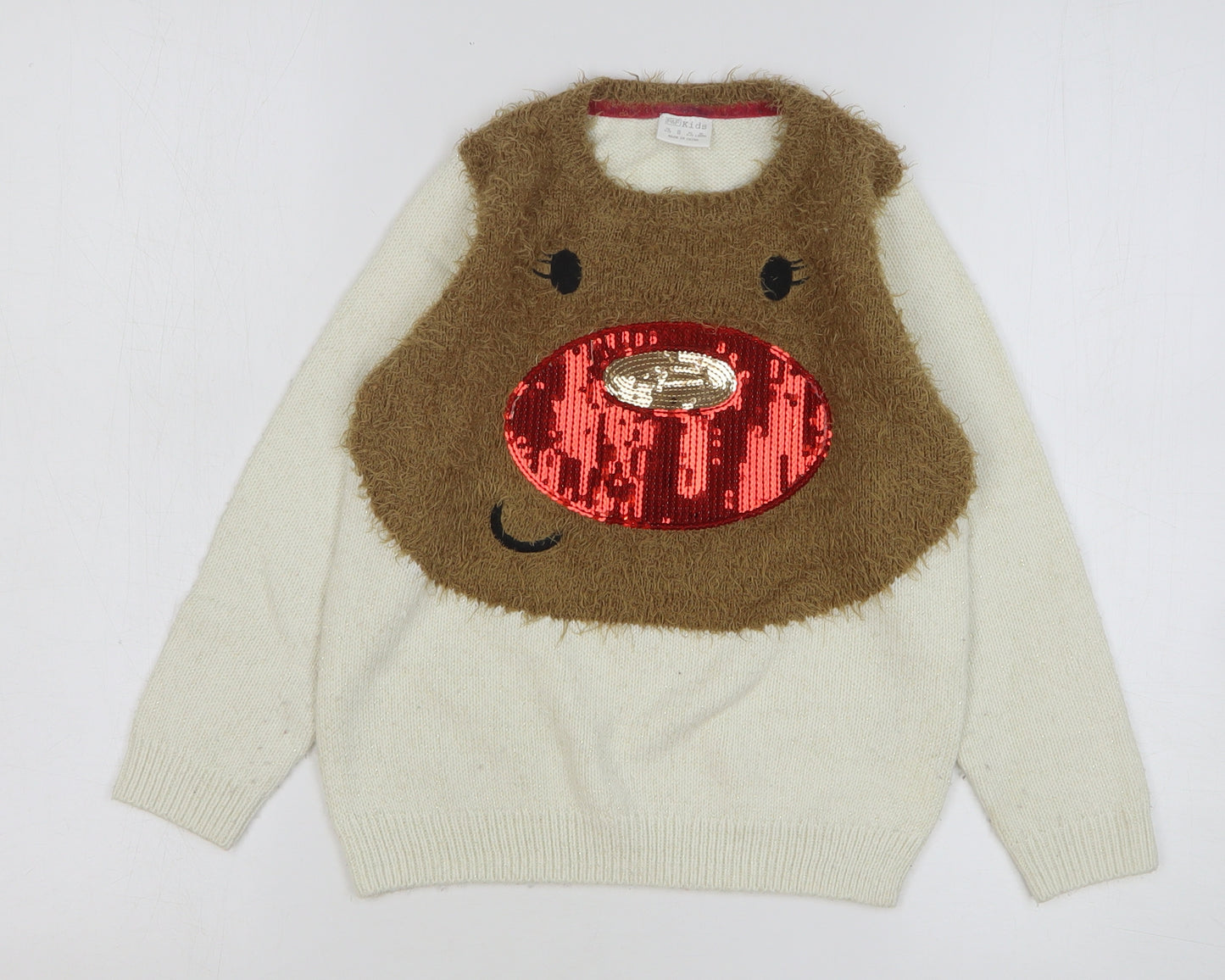 F&F Girls Beige Round Neck Acrylic Pullover Jumper Size 6-7 Years Pullover - Christmas Reindeer
