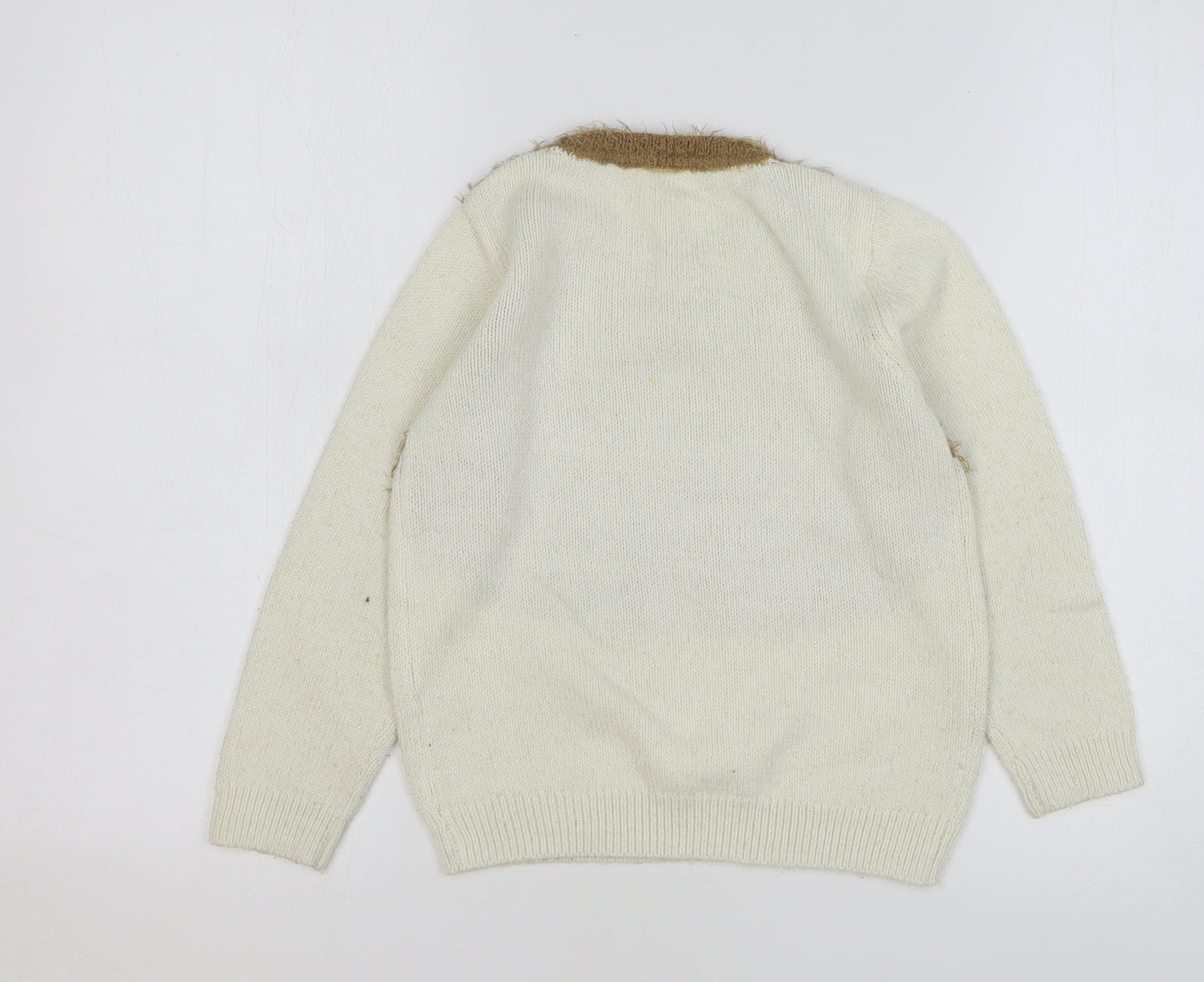 F&F Girls Beige Round Neck Acrylic Pullover Jumper Size 6-7 Years Pullover - Christmas Reindeer