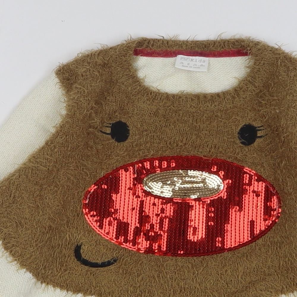 F&F Girls Beige Round Neck Acrylic Pullover Jumper Size 6-7 Years Pullover - Christmas Reindeer