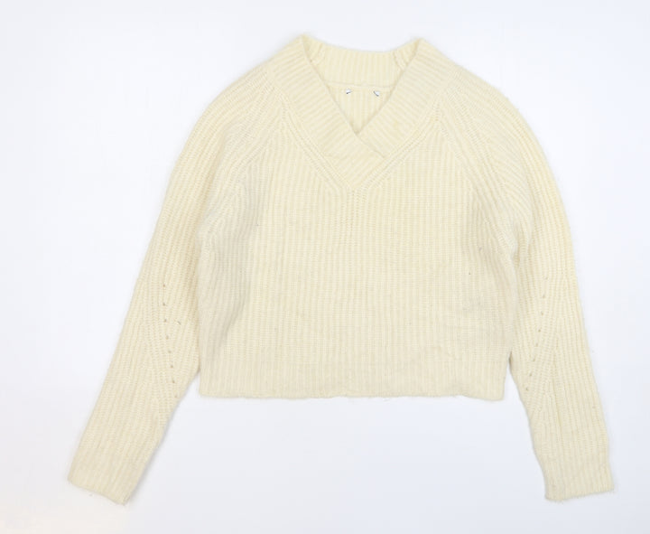 Warehouse Womens Beige V-Neck Acrylic Pullover Jumper Size 14