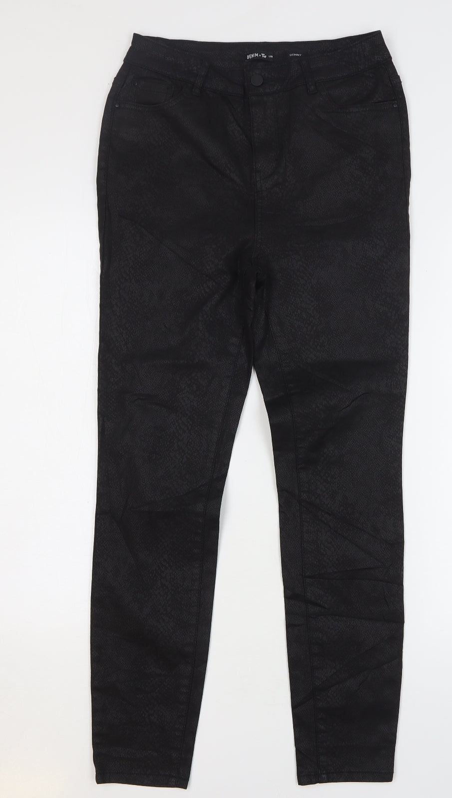 TU Womens Black Animal Print Cotton Skinny Jeans Size 12 L28 in Regular Button - Snake Skin