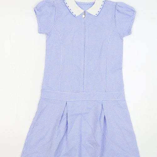Dunnes Stores Girls Blue Check Viscose Tennis Dress Size 8-9 Years Collared Zip
