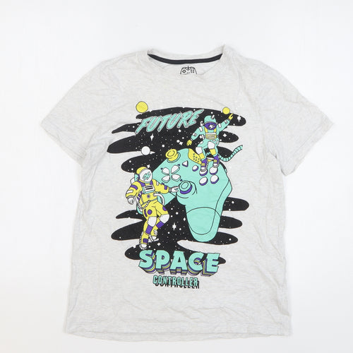 F&F Boys Grey Geometric Cotton Basic T-Shirt Size 11-12 Years Round Neck Pullover - Astronauts