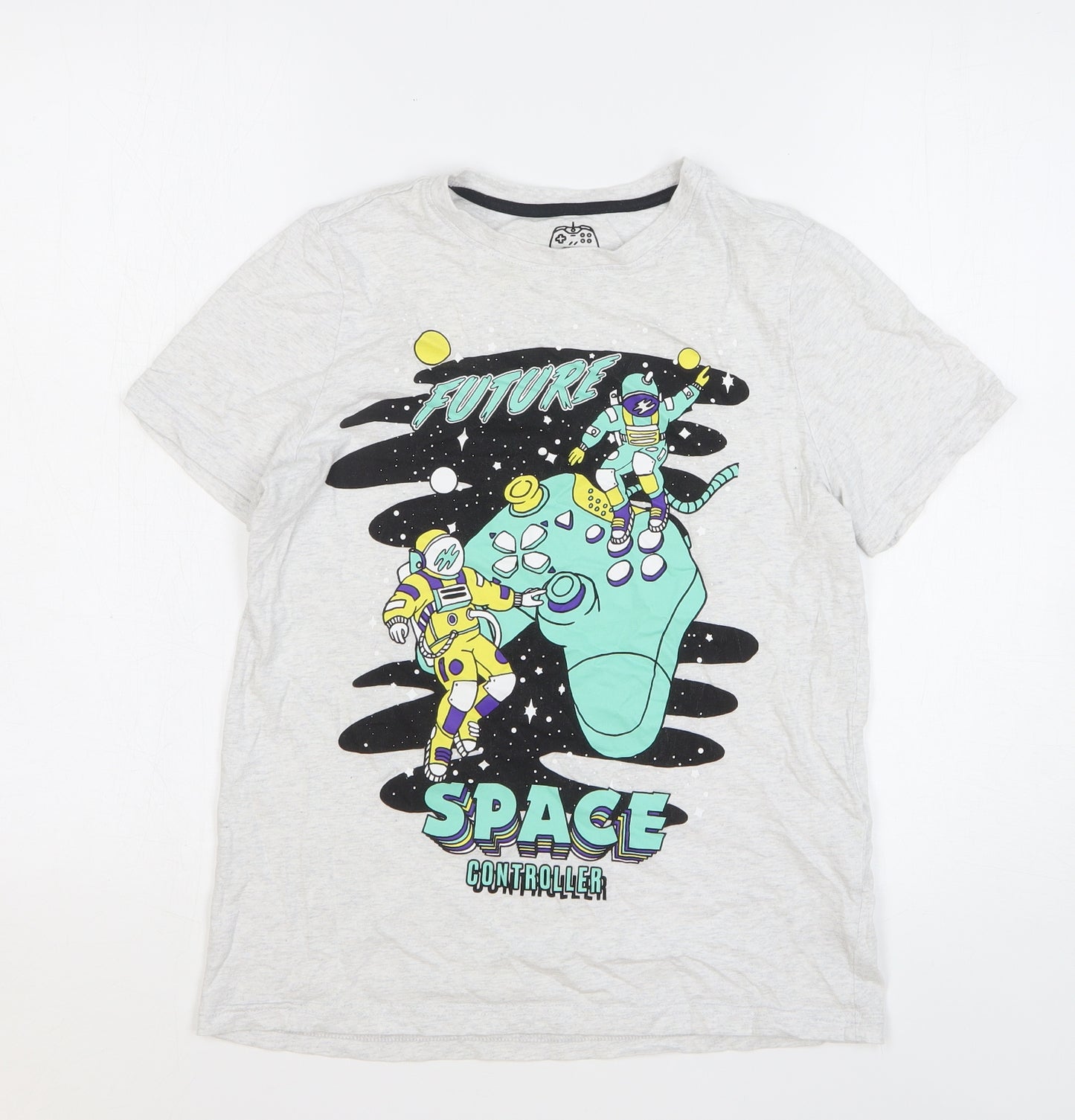 F&F Boys Grey Geometric Cotton Basic T-Shirt Size 11-12 Years Round Neck Pullover - Astronauts