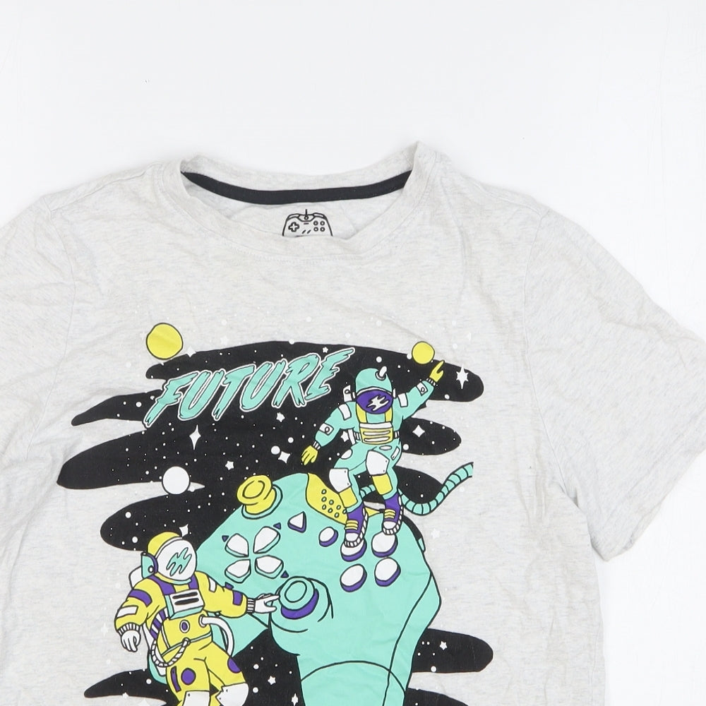 F&F Boys Grey Geometric Cotton Basic T-Shirt Size 11-12 Years Round Neck Pullover - Astronauts