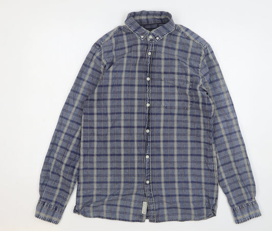 JACK & JONES Mens Blue Plaid Cotton Button-Up Size L Collared Button