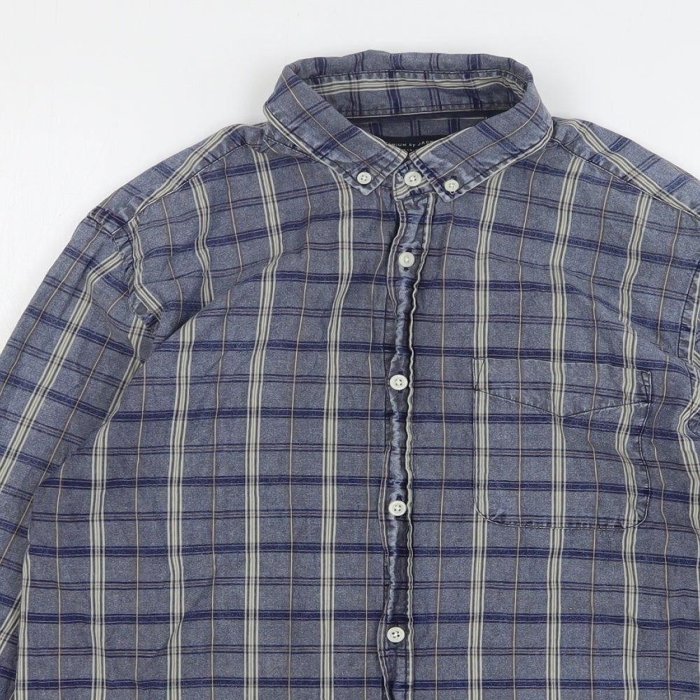 JACK & JONES Mens Blue Plaid Cotton Button-Up Size L Collared Button