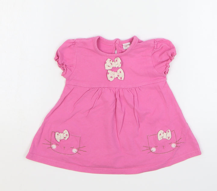 NEXT Girls Pink Geometric Cotton A-Line Size 3-6 Months Round Neck Button - Cat