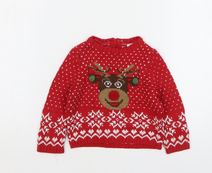 LC Waikiki Boys Red Fair Isle Acrylic Pullover Jumper Size 6-9 Months Button - Christmas Reindeer