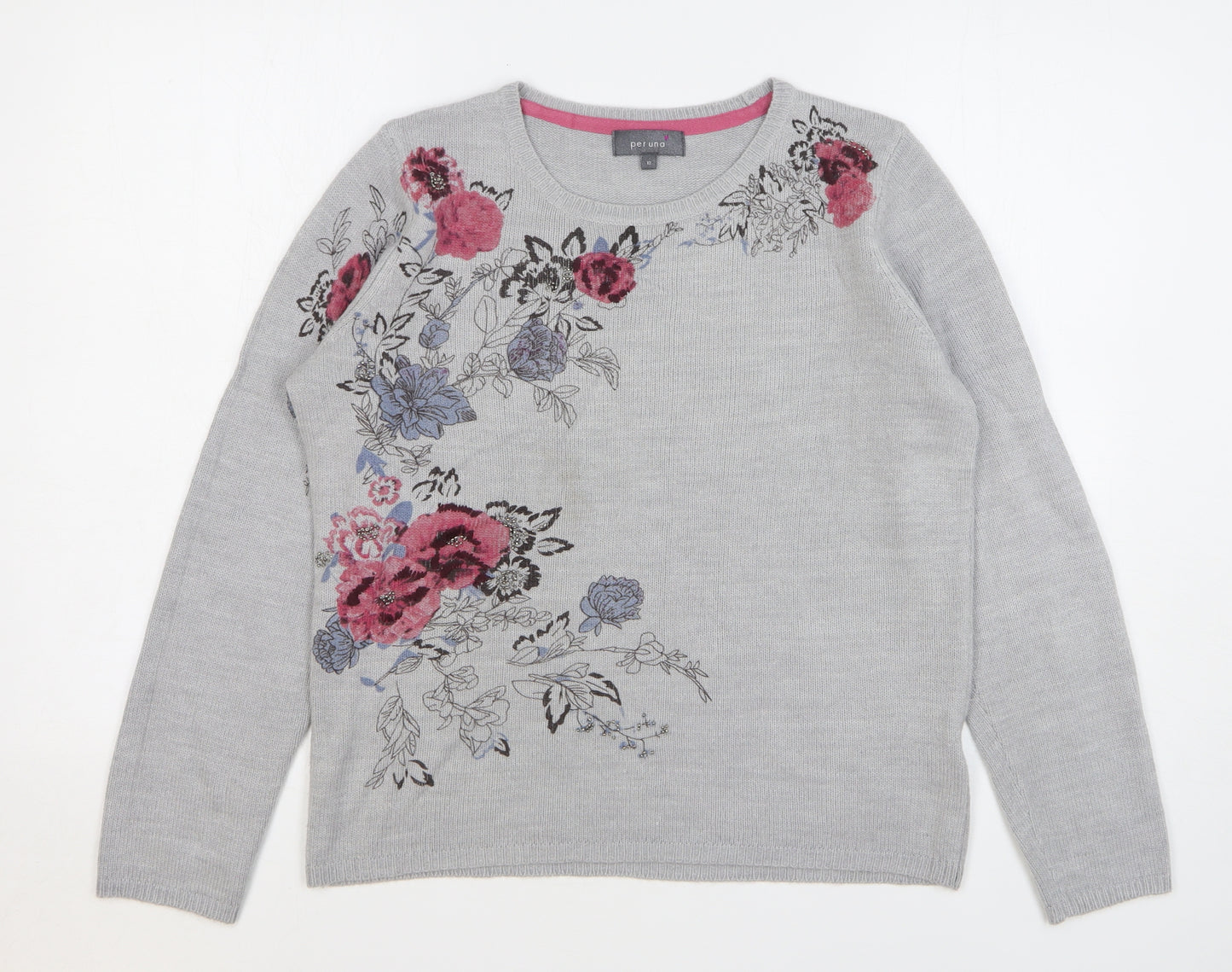 Marks and Spencer Womens Grey Round Neck Floral Acrylic Pullover Jumper Size 12